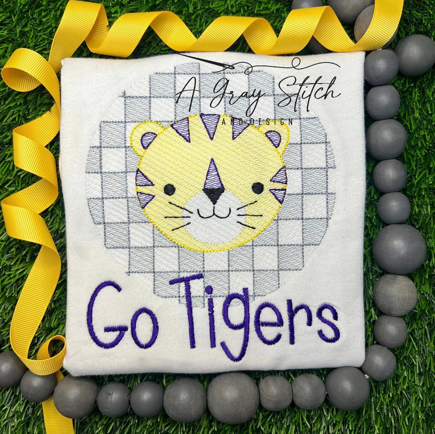 Check Background Tiger Mascot Sketch Fill Quick Stitch Machine Embroidery Design