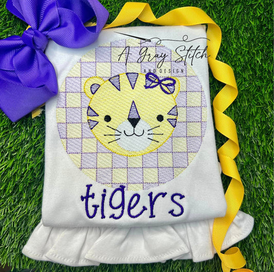 Check Background Tiger with Bow Mascot Sketch Fill Quick Stitch Machine Embroidery Design