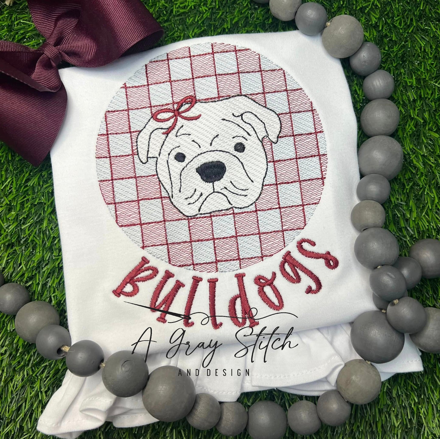 Check Background Bulldog with Bow Mascot Sketch Fill Quick Stitch Machine Embroidery Design