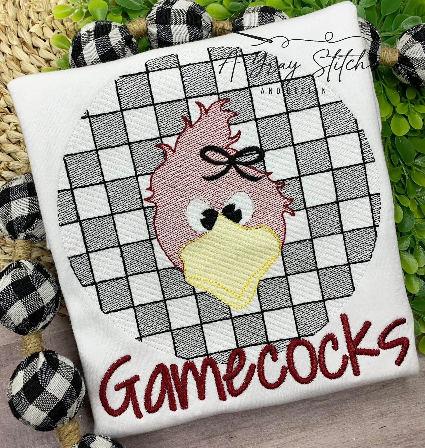 Check Background Gamecock with Bow Mascot Sketch Fill Quick Stitch Machine Embroidery Design