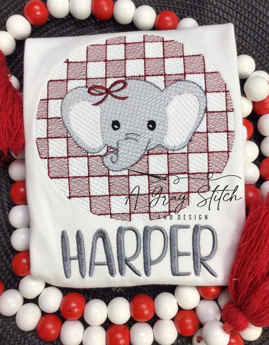 Check Background Elephant with Bow Mascot Sketch Fill Quick Stitch Machine Embroidery Design