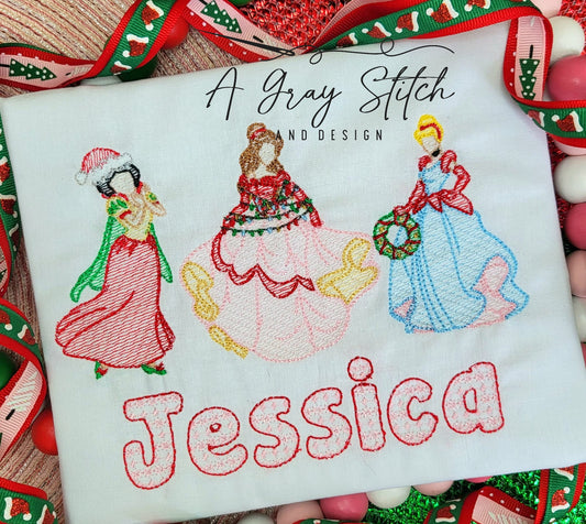 Christmas Princesses Sketch Fill Machine Embroidery Design