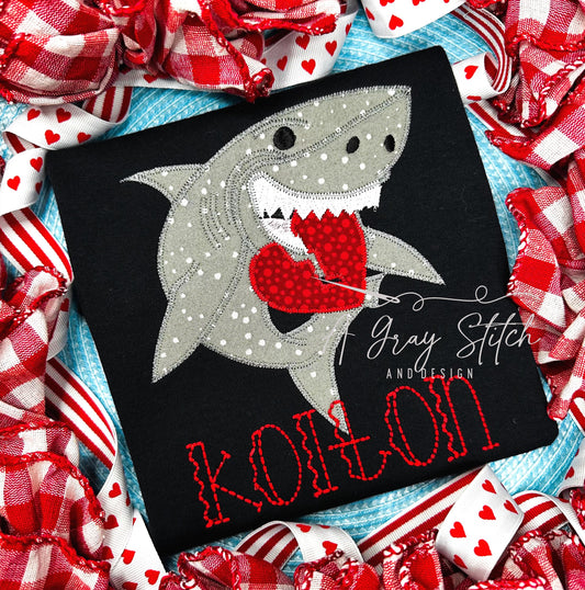 Zig Zag Applique Love Bites Shark Valentine's Day Machine Embroidery Design