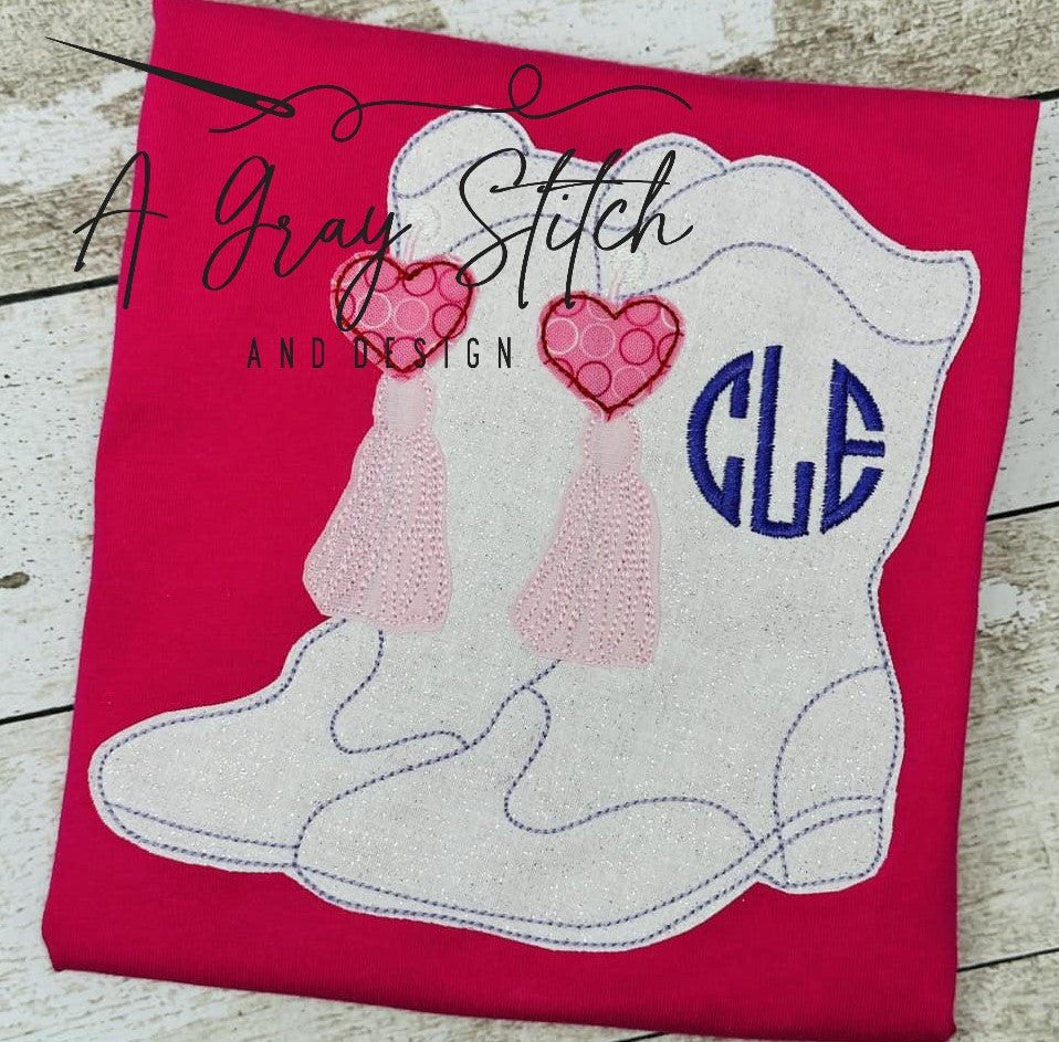 Bean Stitch Applique Valentine's Day Boots Machine Embroidery Design Quick Stitch