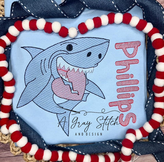 Sketch Fill Love Bites Shark Valentine's Day Machine Embroidery Design