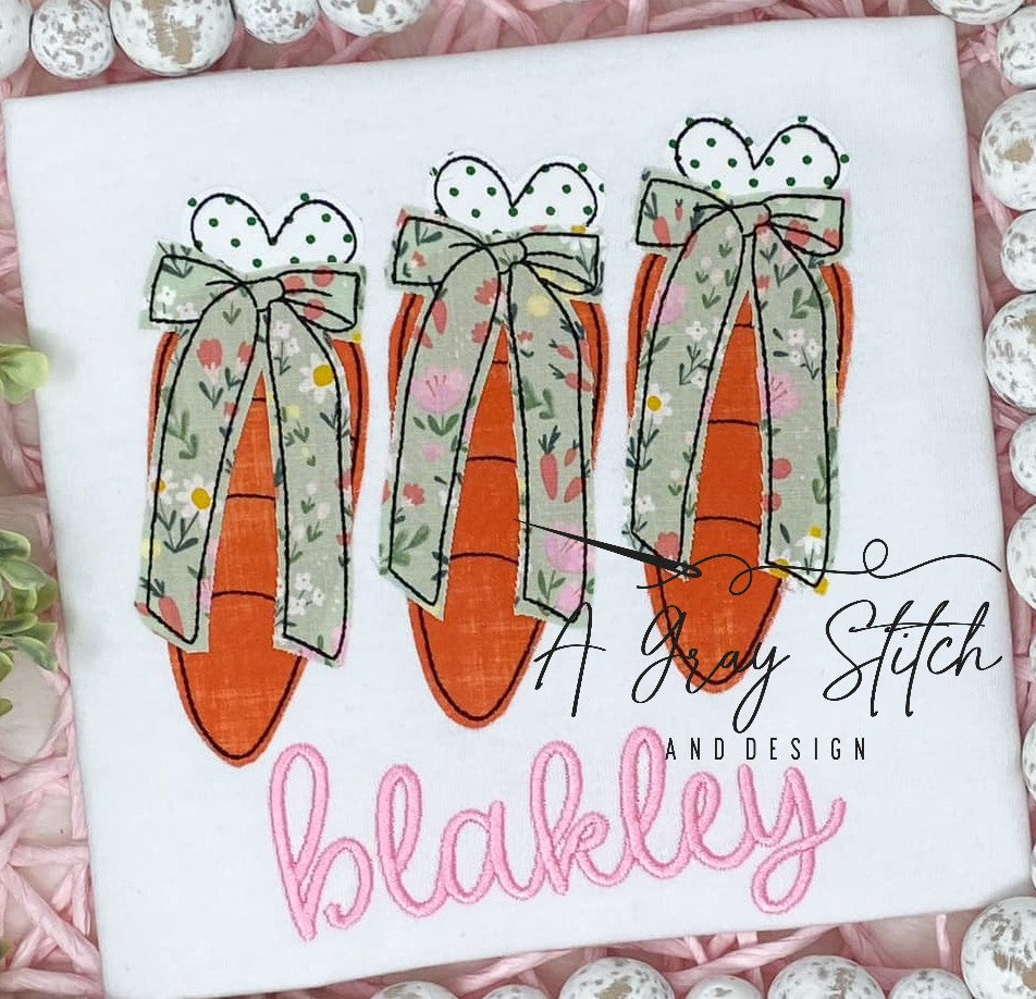 Bean Stitch Applique Simple Carrot Trio with Bows Easter Machine Embroidery Design