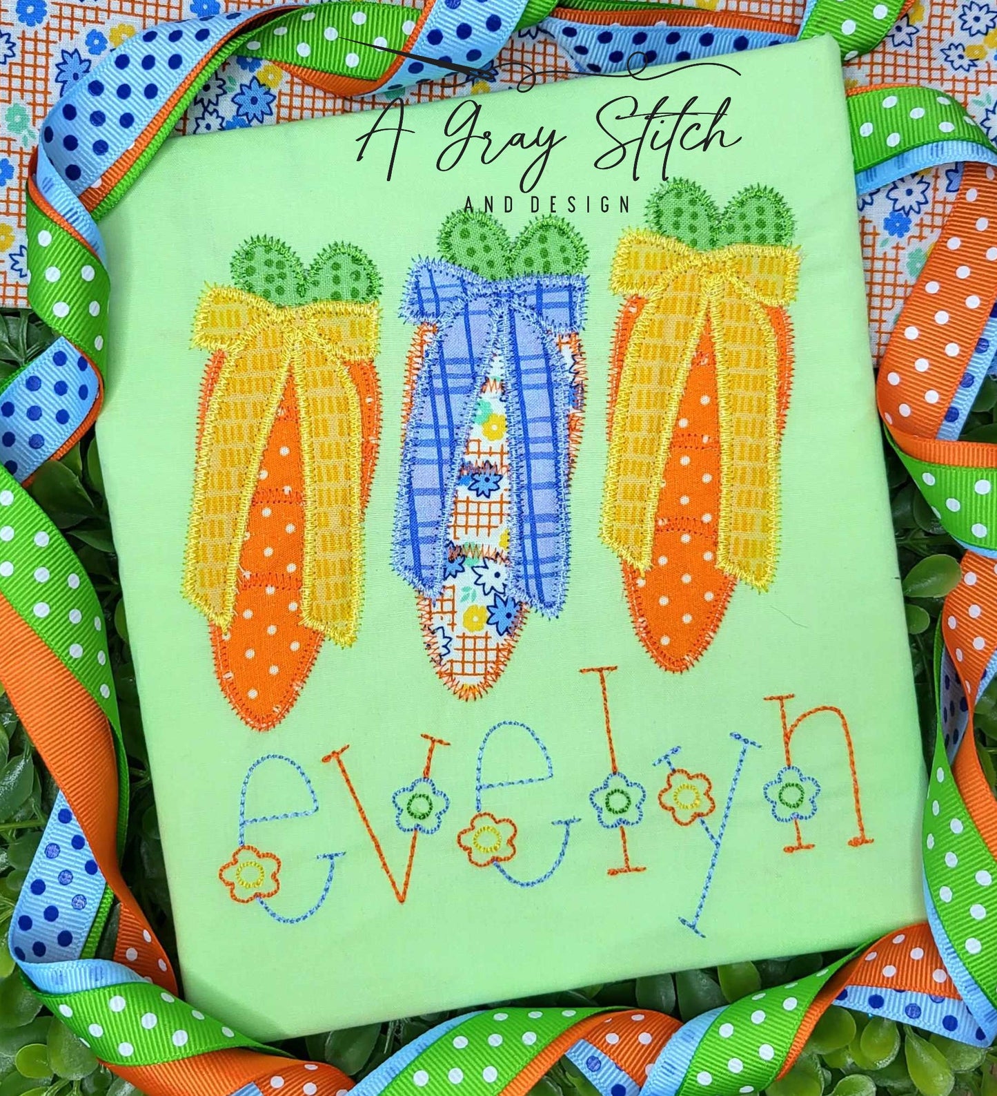 Zig Zag Applique Simple Carrot Trio with Bows Easter Machine Embroidery Design
