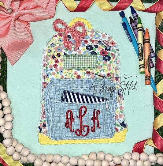 Zig Zag Applique Back to School Book Bag with Bow Design