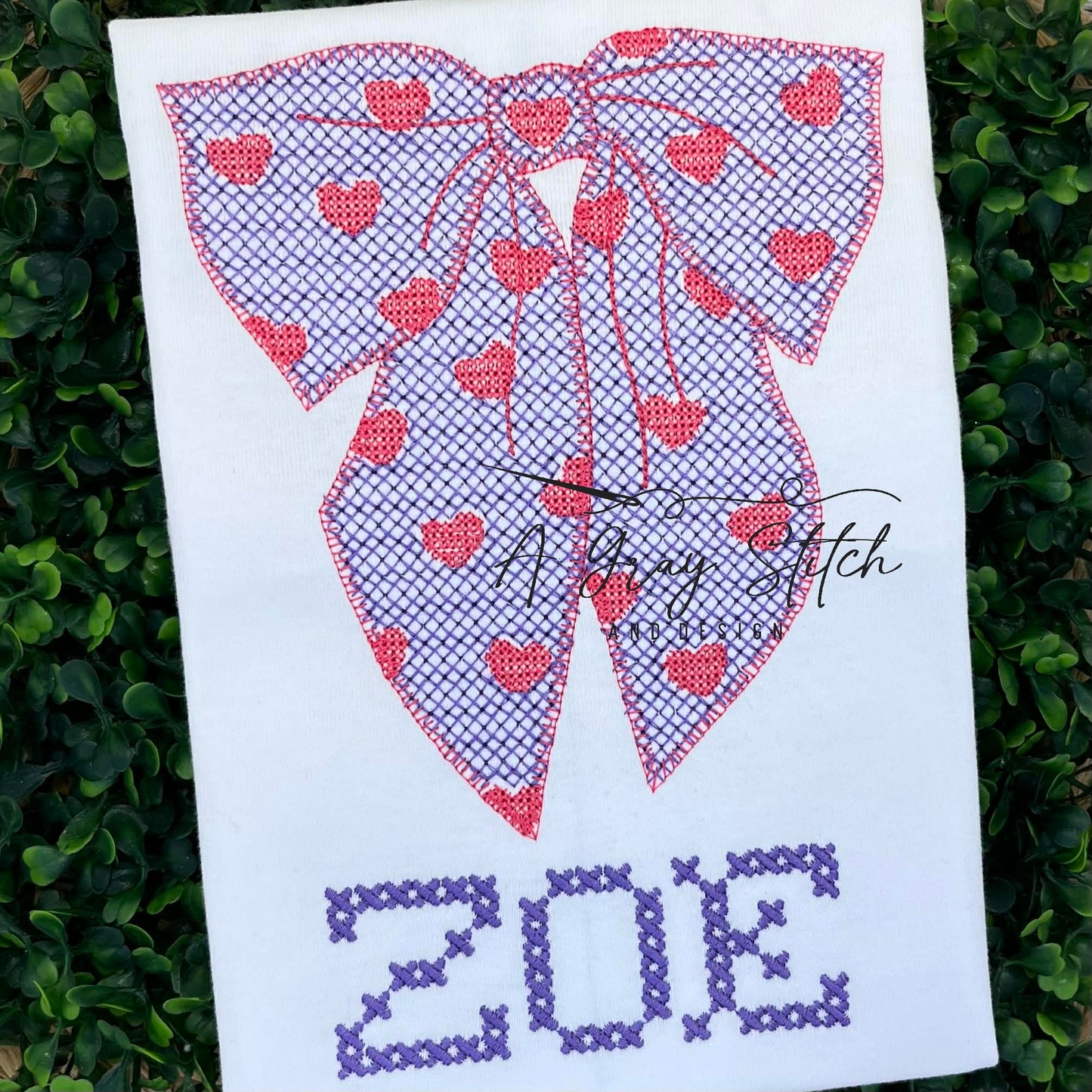 Cross Stitch Heart Droopy Bow