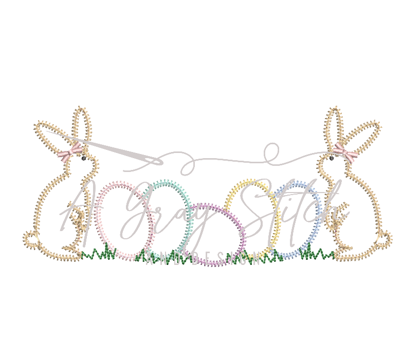 Zig Zag Bunnies with Bows with Easter Eggs Machine Embroidery Quick Stitch Design