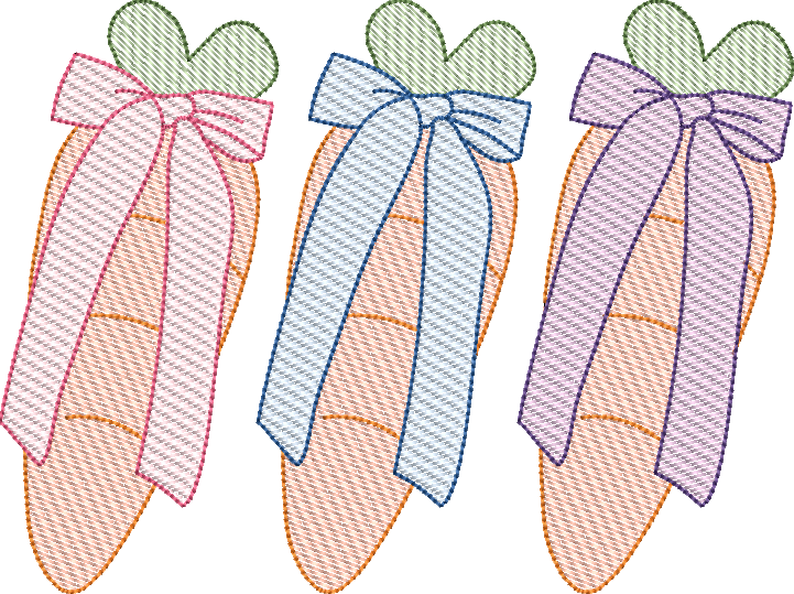 Sketch Fill Carrot Trio with Bows Quick Stitch Machine Embroidery Design