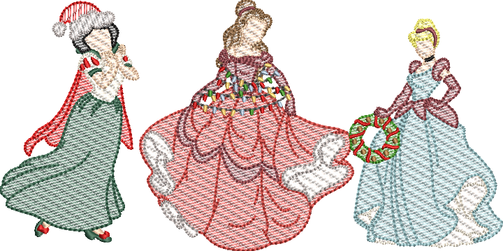 Christmas Princesses Sketch Fill Machine Embroidery Design