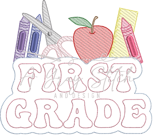 First Grade Back to School Elements Sketch Fill and Applique Machine Embroidery Design