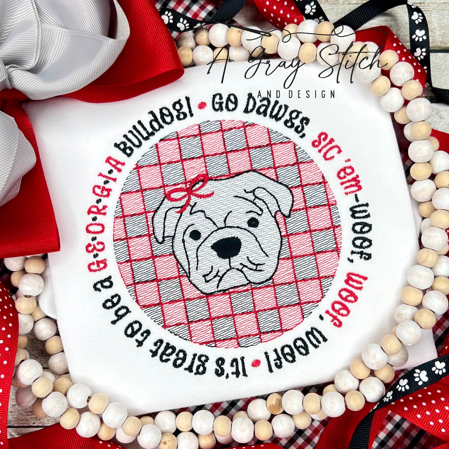Check Background Bulldog with Bow Mascot Sketch Fill Quick Stitch Machine Embroidery Design