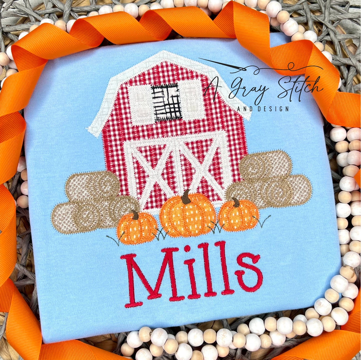 Zig Zag Applique Pumpkin Farm Scene Machine Embroidery Design