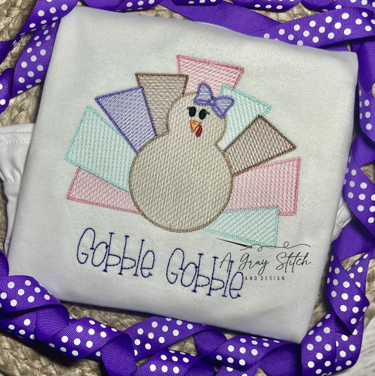 Sketch Fill Quirky Turkey with Bow Machine Embroidery Design Quick Stitch