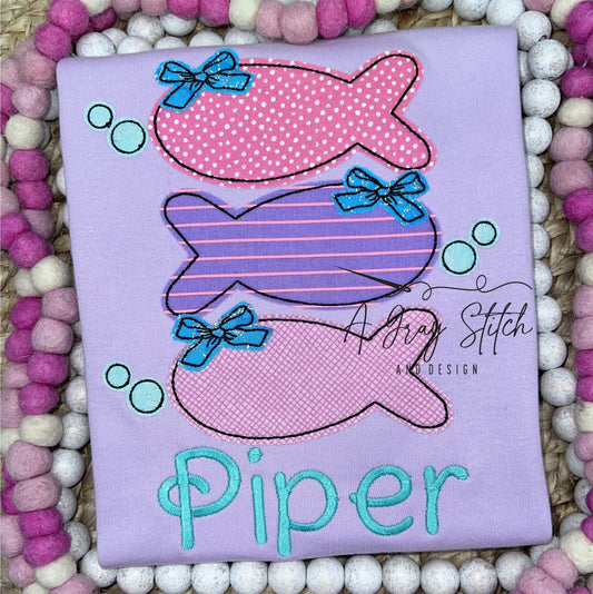 Bean Stitch Applique Fish Trio with Bow Machine Embroidery Quick Stitch Design