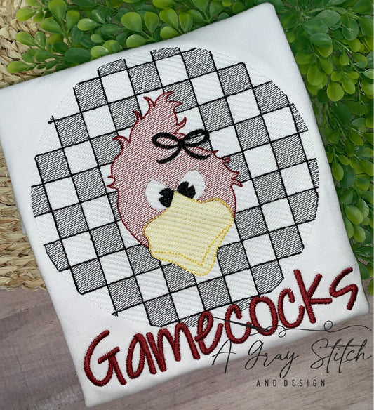 Check Background Gamecock with Bow Mascot Sketch Fill Quick Stitch Machine Embroidery Design