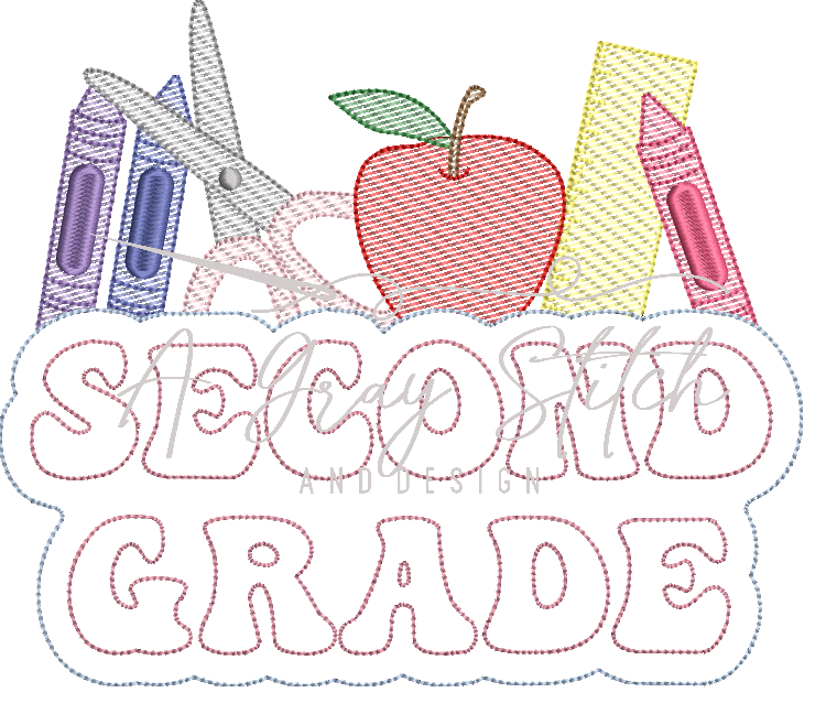 Second Grade Back to School Elements Sketch Fill and Applique Machine Embroidery Design