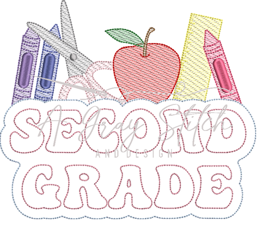 Second Grade Back to School Elements Sketch Fill and Applique Machine Embroidery Design