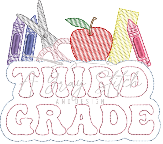 Third Grade Back to School Elements Sketch Fill and Applique Machine Embroidery Design