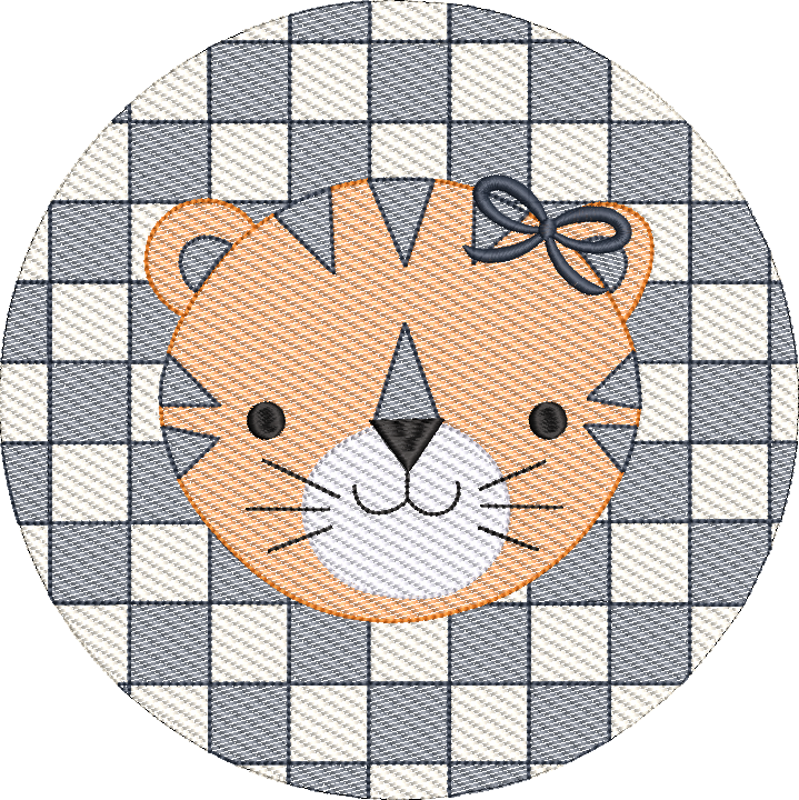 Check Background Tiger with Bow Mascot Sketch Fill Quick Stitch Machine Embroidery Design