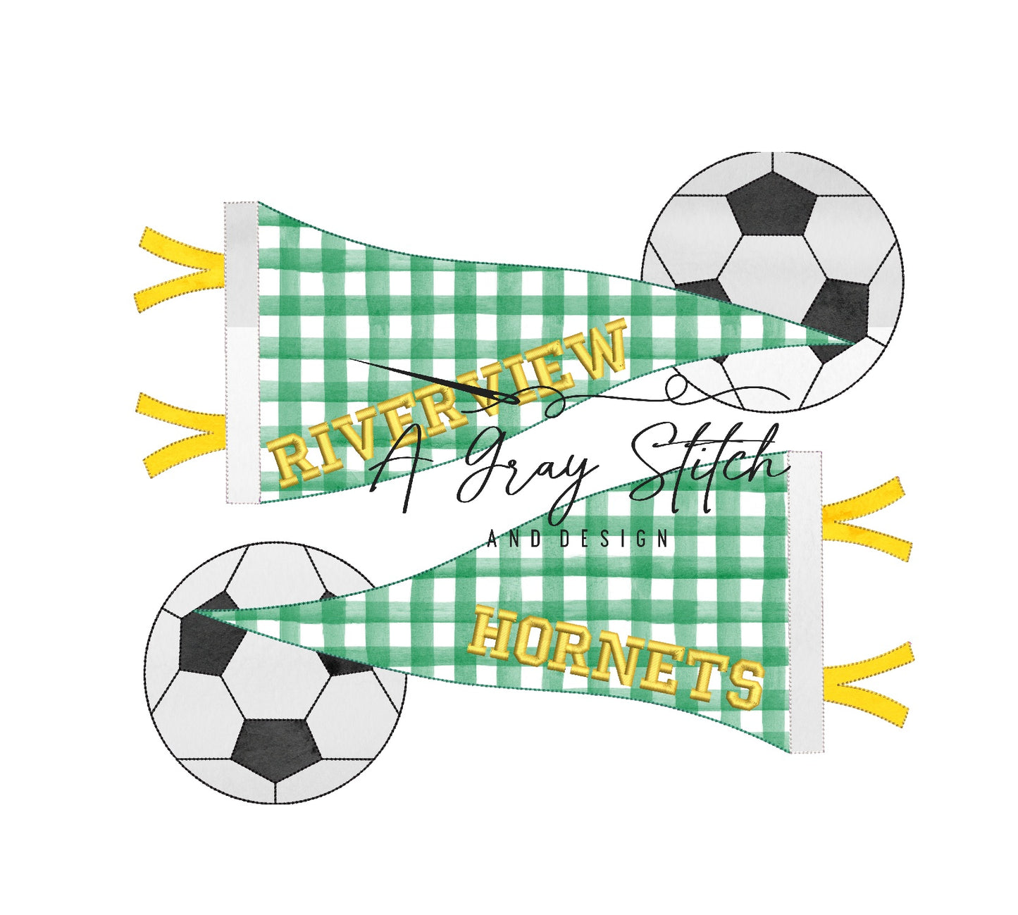 Bean Stitch Applique Double Pennant Flag with Soccer Balls