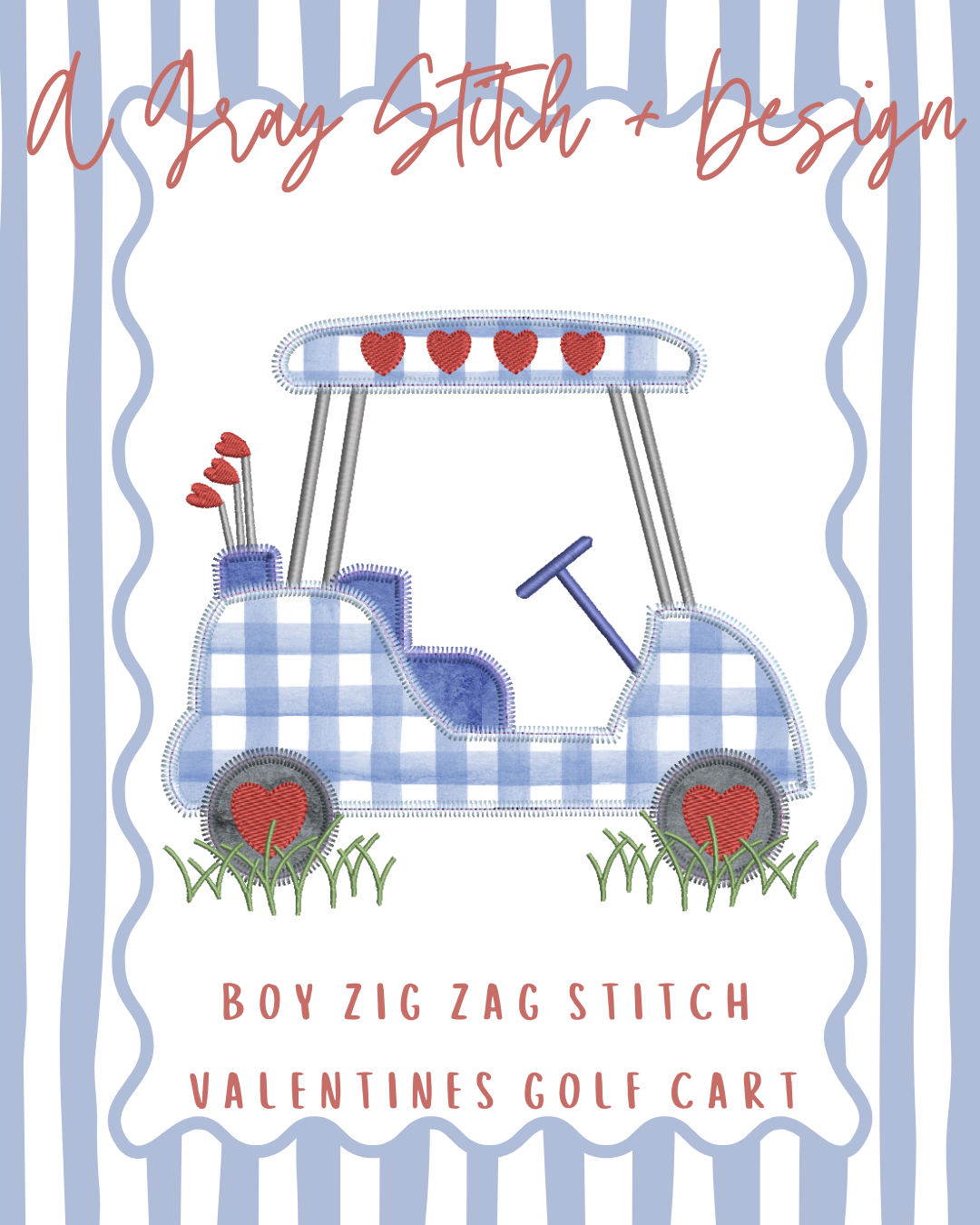 Zig Zag Stitch Applique Boy Valentine Golf Cart