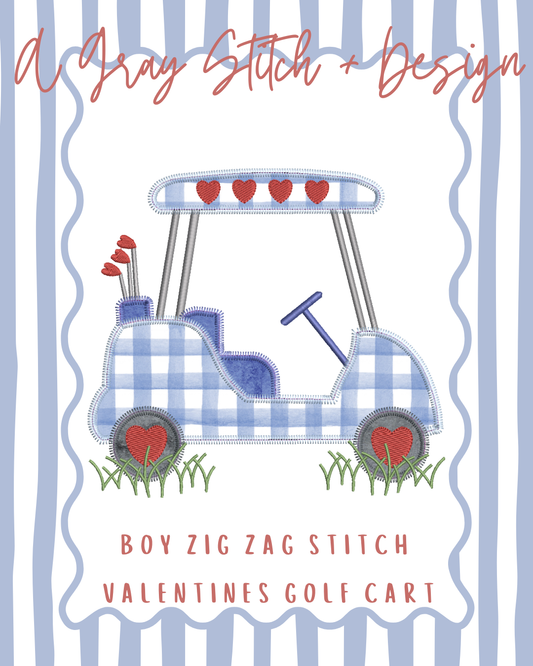 Zig Zag Stitch Applique Boy Valentine Golf Cart
