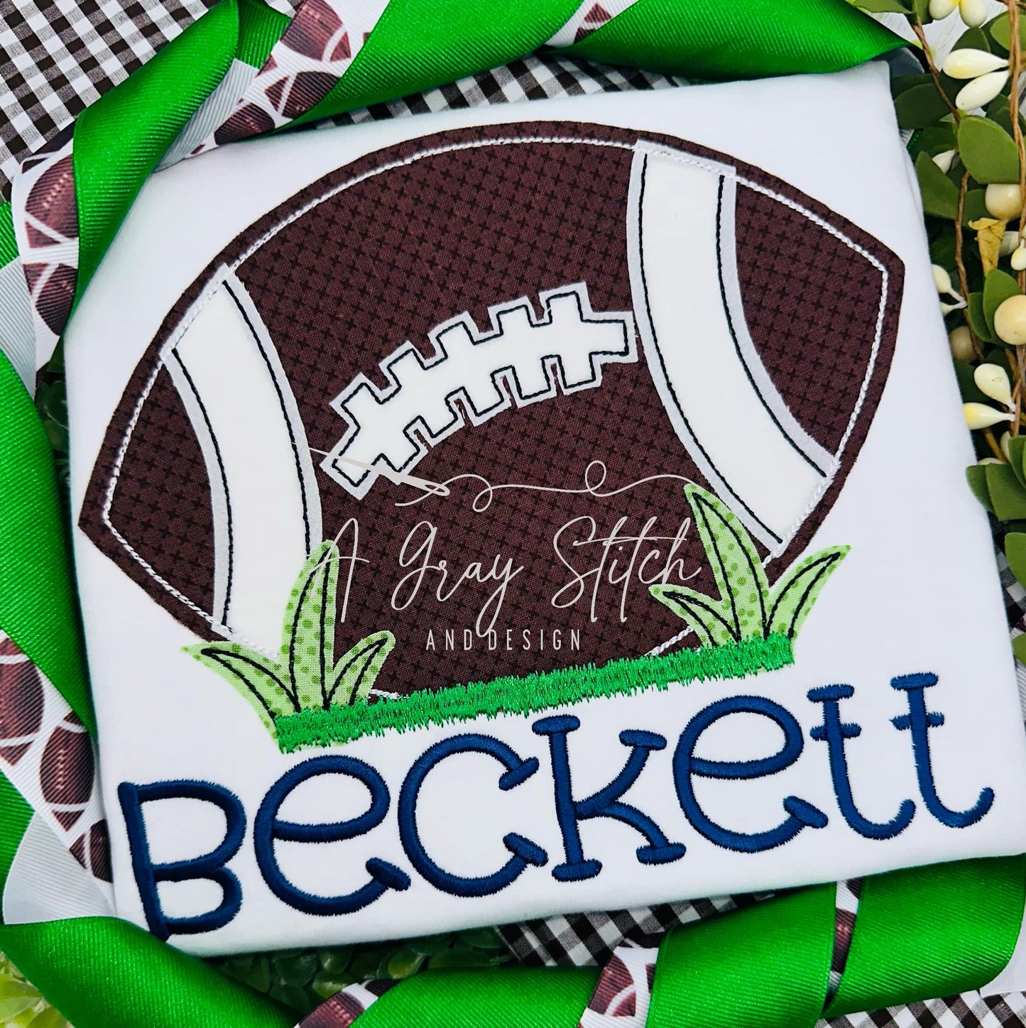 Bean Stitch Applique Football in Grass Machine Embroidery Design