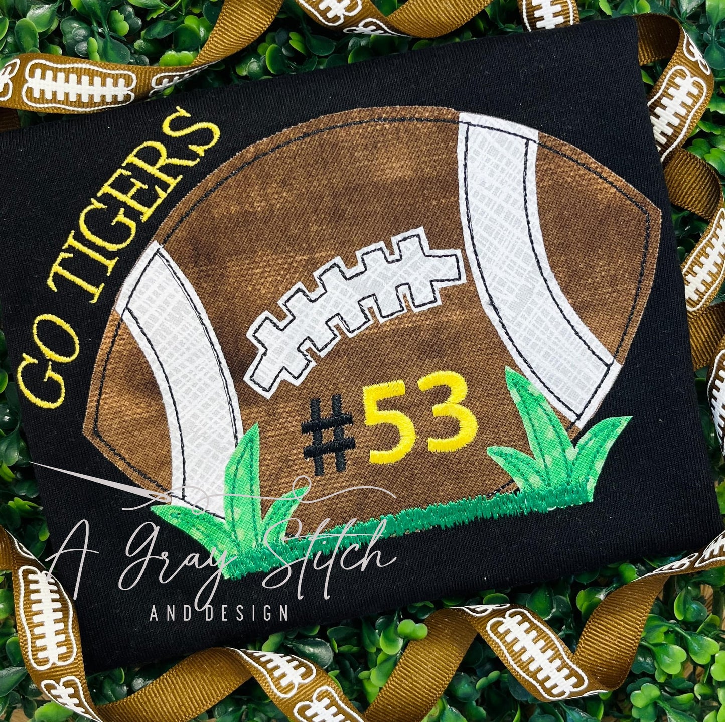 Bean Stitch Applique Football in Grass Machine Embroidery Design