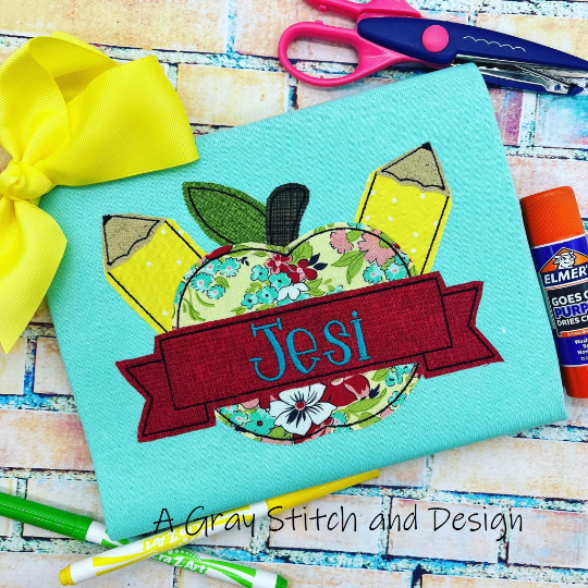 Back to School Apple and Pencils Applique Design Quick Stitch Applique