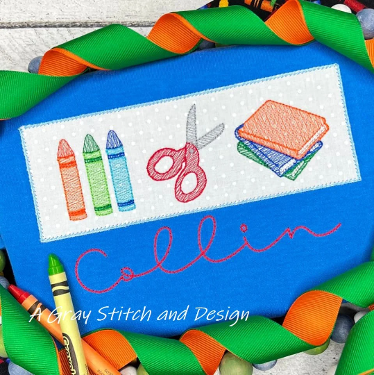 Quick Stitch School Supplies Sketchy Trio Embroidery Design Applique Plate