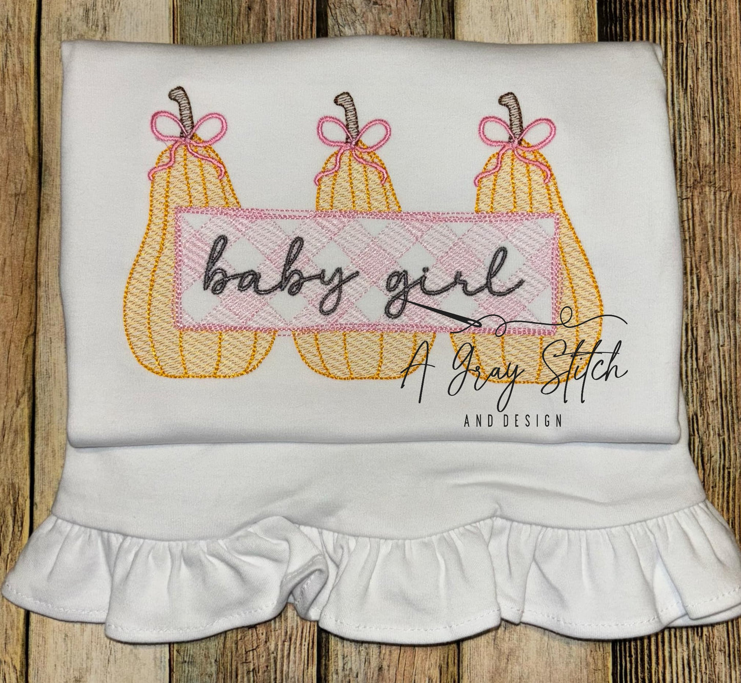 Sketch Fill Pumpkin Trio with Bows Gingham Name Frame Design