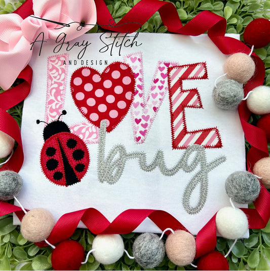 Zig Zag Applique Love Bug with Ladybug for Valentin's Day Machine Embroidery Design