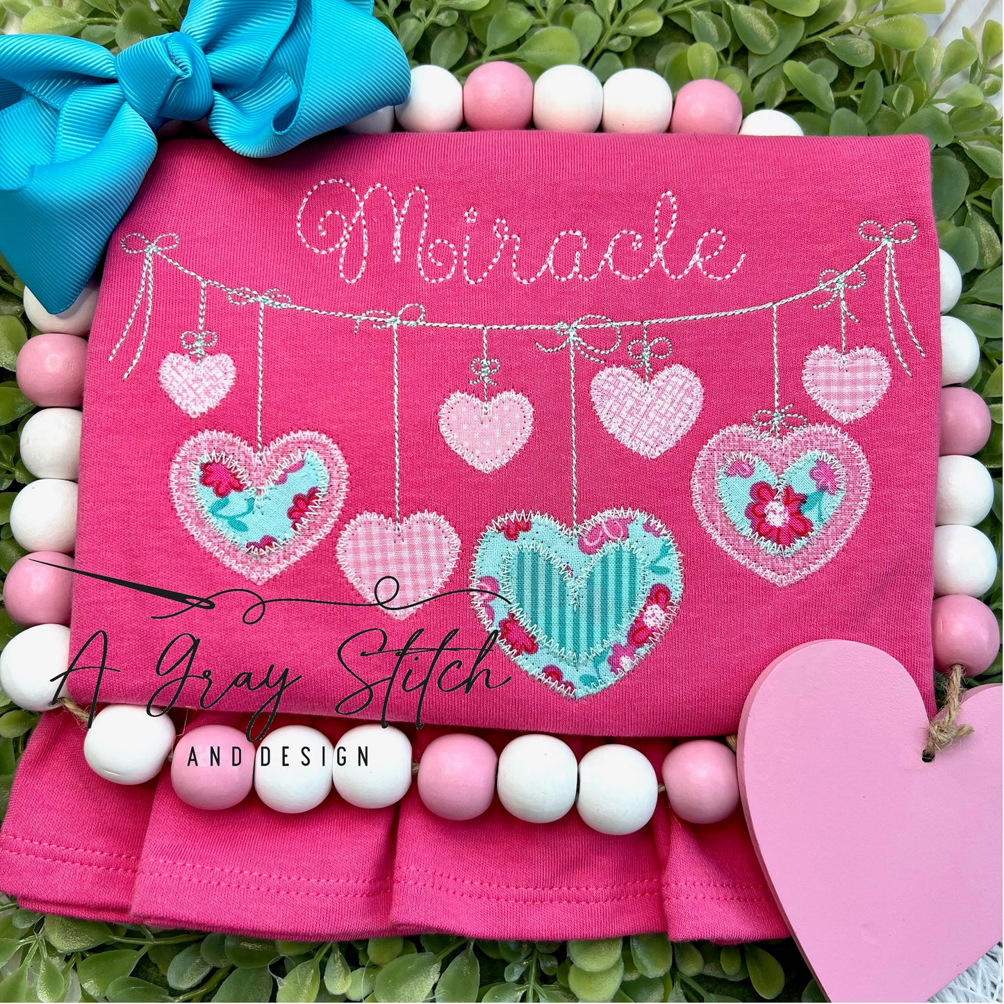 Hanging Hearts Banner Valentine's Day Zig Zag Applique Quick Stitch Machine Embroidery Design