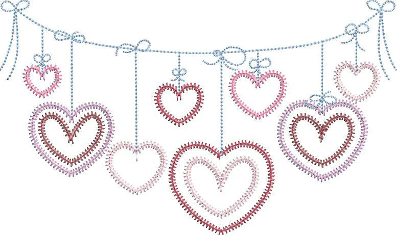 Hanging Hearts Banner Valentine's Day Zig Zag Applique Quick Stitch Machine Embroidery Design