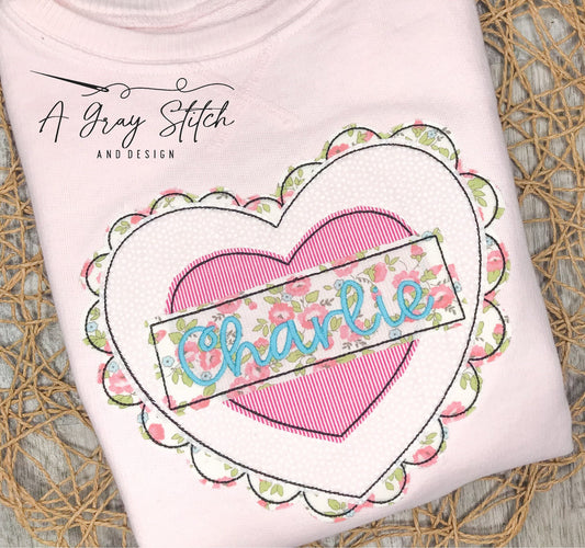 Scallop Trimmed Heart Bean Stitch Applique Machine Embroidery Design Quick Stitch