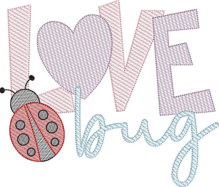 Love Bug Girls' with Ladybug Sketch Fill Machine Embroidery Quick Stitch Design