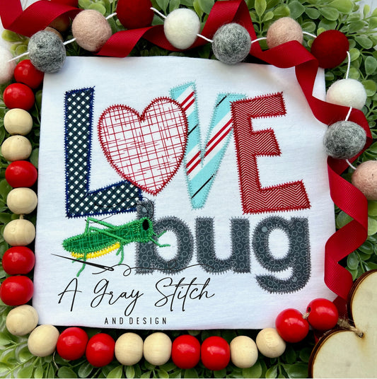 Zig Zag Applique Love Bug with Grasshopper for Valentin's Day Machine Embroidery Design