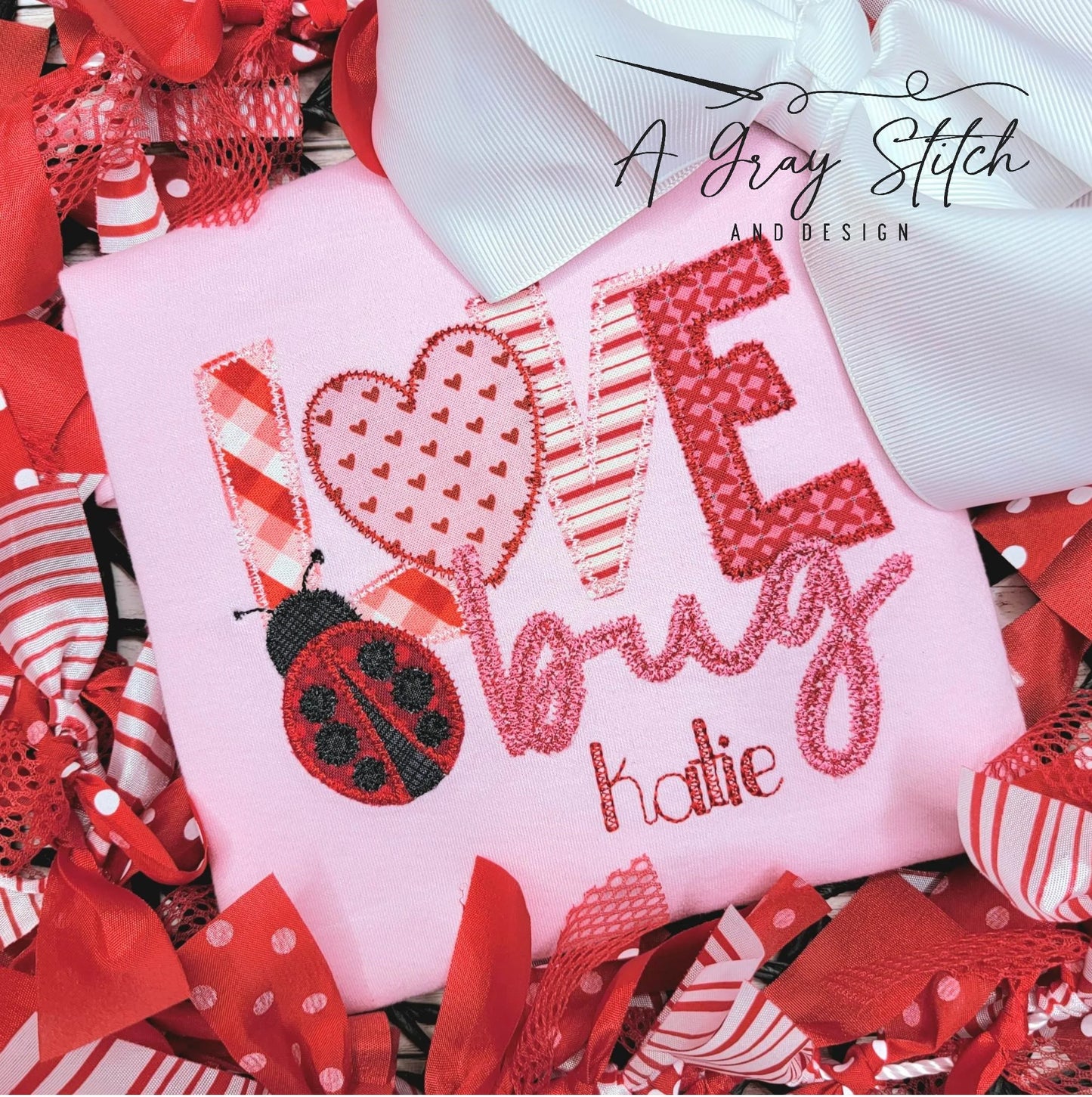 Zig Zag Applique Love Bug with Ladybug for Valentin's Day Machine Embroidery Design