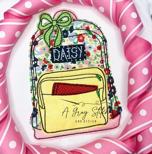 Bean Stitch Applique Back to School Book Bag with Bow Design