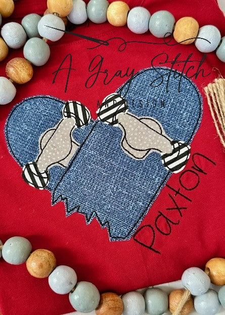 Bean Stitch Applique Heart Breaker Skateboard Valentine's Day Machine Embroidery Design Quick Stitch