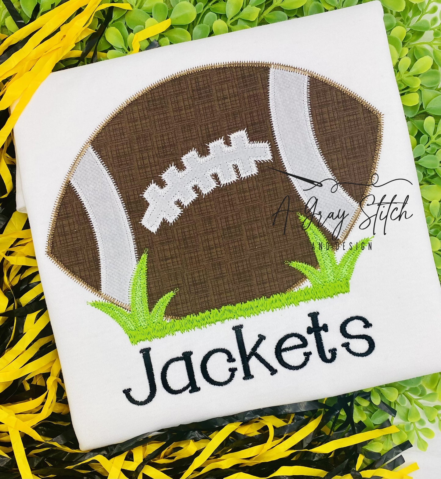 Bean Stitch Applique Football in Grass Machine Embroidery Design