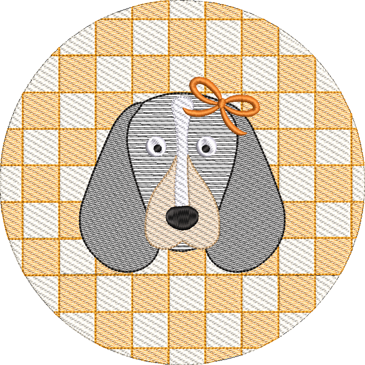 Check Background Hound Dog with Bow Mascot Sketch Fill Quick Stitch Machine Embroidery Design