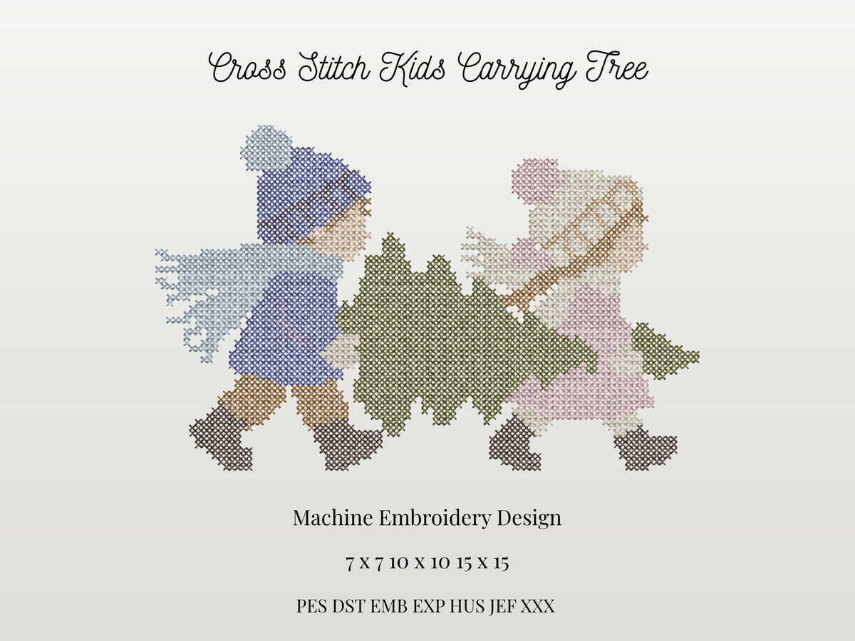 Cross Stitch Kids Carrying Christmas Tree