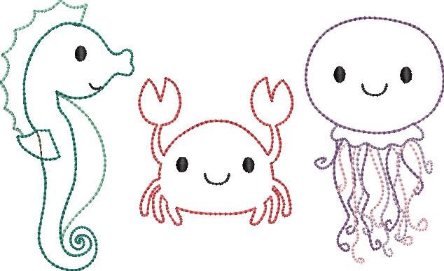 Sealife Trio Applique Design Summer Beach Applique Design Quick Stitch