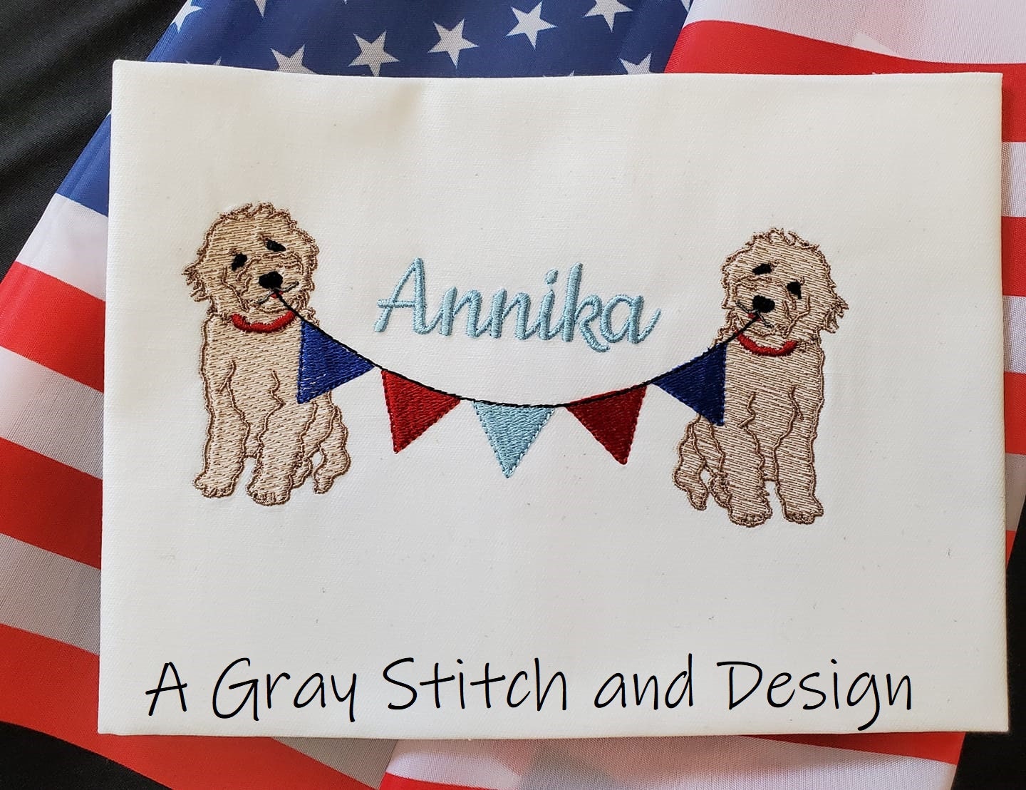 Goldendoodle Independence Day Embroidery Design Pennant Flag Bunting Sketch Quick Stitch Design