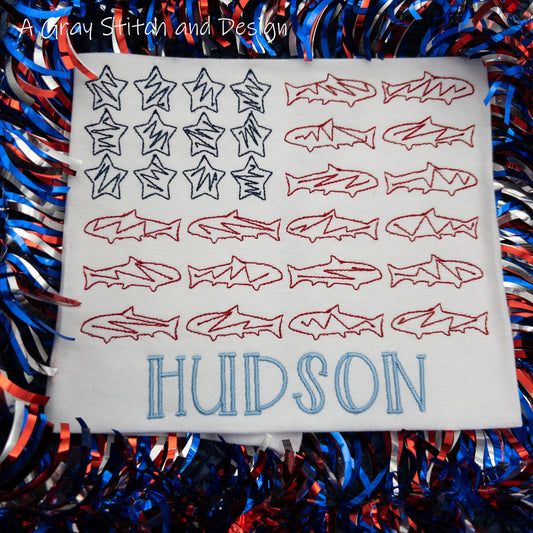 Sketchy Fish Flag American Flag Independence Day Embroidery Design Quick Stitch