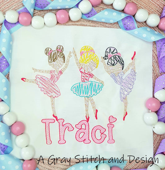 Sketchy Ballerina Trio Embroidery Design Quick Stitch